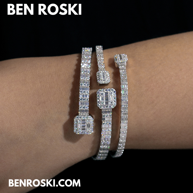 Baguette Moissanite Open Bangle – 7/8-Inch | 5.5MM | Silver, Gold Plated & Rose Gold Plated over 925 Silver | GRA Certified