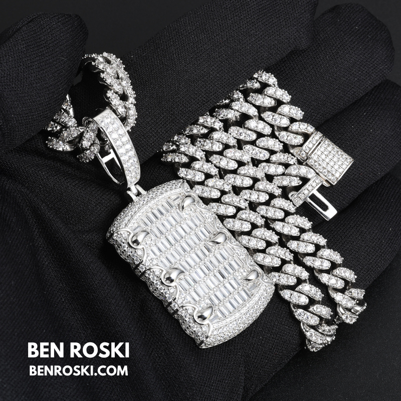 Baguette Dog Tag Pendant Sterling Silver, Gold & Rose Gold | VVS Moissanite | GRA Certified