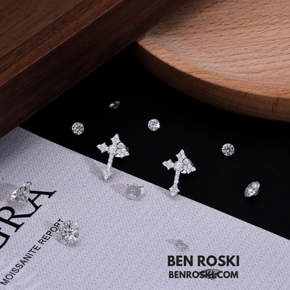 Moissanite Cross Stud Earrings Sterling Silver, Gold, or Rose Gold | VVS Moissanite | GRA Certified