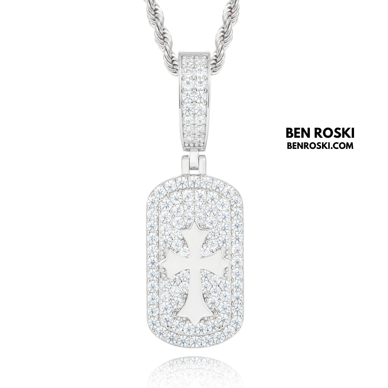 Iced Cross Dog Tag Pendant Sterling Silver, Gold & Rose Gold | VVS Moissanite | GRA Certified