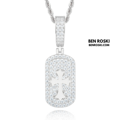 Iced Cross Dog Tag Pendant Sterling Silver, Gold & Rose Gold | VVS Moissanite | GRA Certified