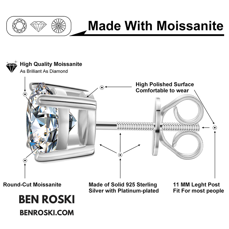 Round-Cut Moissanite Stud Earrings Sterling Silver or Gold / Rose Gold Plated | GRA Certified