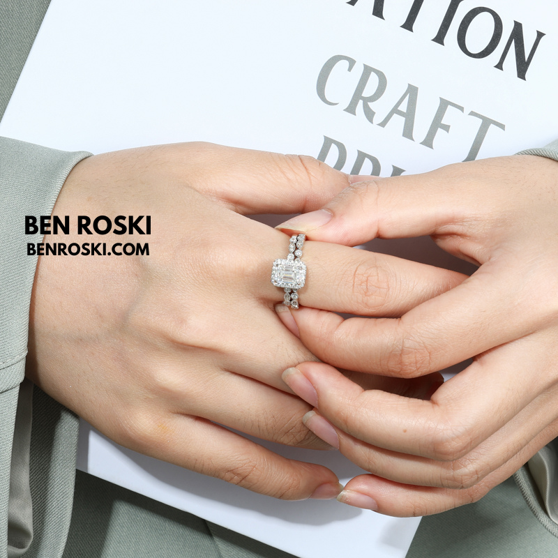 Emerald Cut Halo Moissanite Engagement Ring Sterling Silver, Gold, or Rose Gold | VVS1 Moissanite | GRA Certified