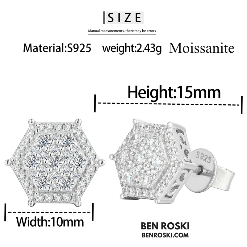 Hexagon Cluster Stud Earrings Sterling Silver, Gold, or Rose Gold Plated | VVS Moissanite | GRA Certified