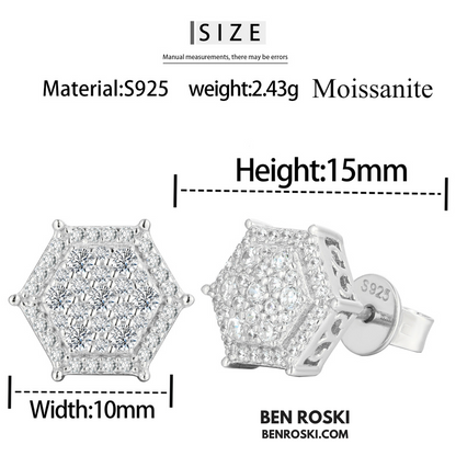 Hexagon Cluster Stud Earrings Sterling Silver, Gold, or Rose Gold Plated | VVS Moissanite | GRA Certified