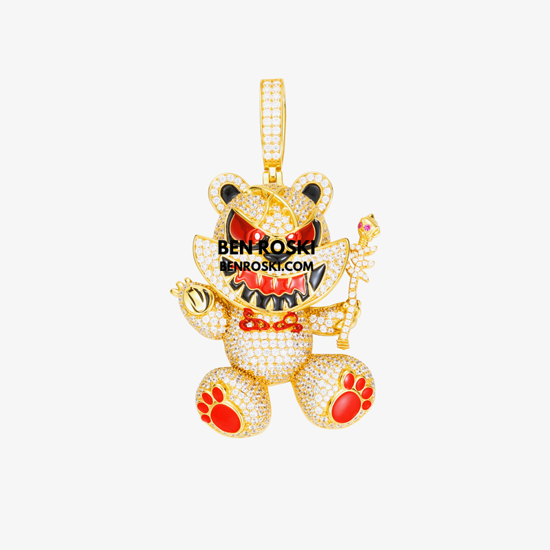 Evil Teddy Bear Pendant Sterling Silver or Gold / Rose Gold Plated | VVS Moissanite | GRA Certified