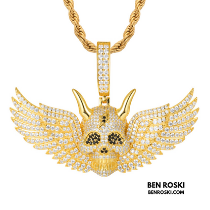 Moissanite Winged Skull Pendant Sterling Silver, Gold & Rose Gold Plated | VVS Moissanite | GRA Certified