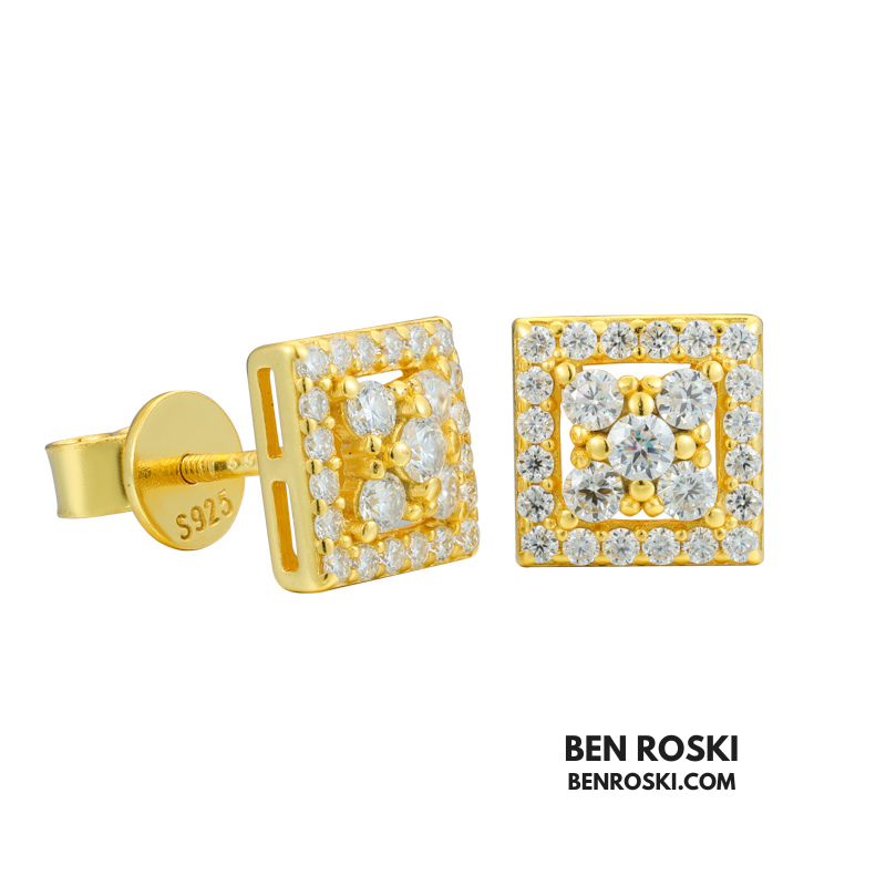 Square Cluster Stud Earrings Sterling Silver, Gold & Rose Gold Plated | VVS Moissanite | GRA Certified