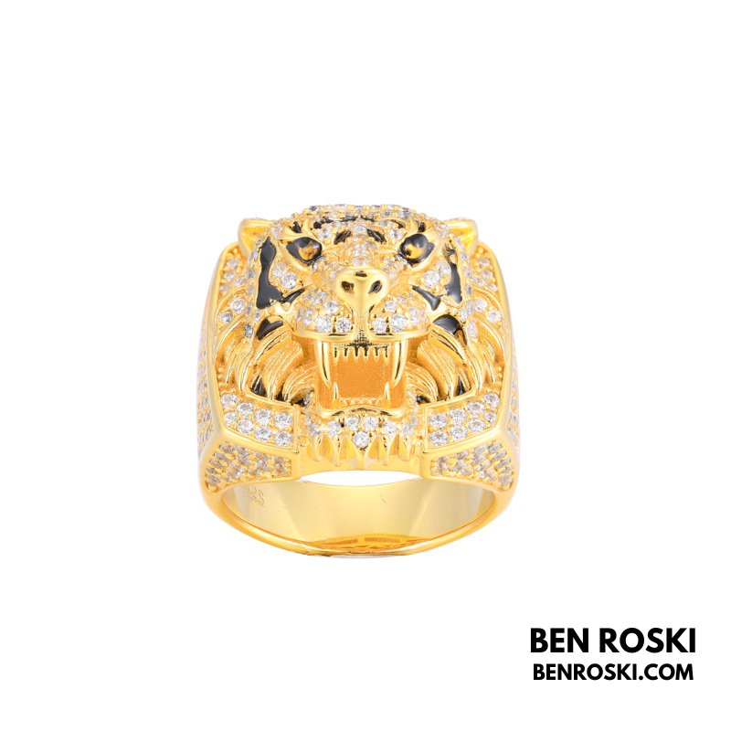 Iced-Out Tiger Head Ring Sterling Silver, Gold & Rose Gold | VVS Moissanite | GRA Certified