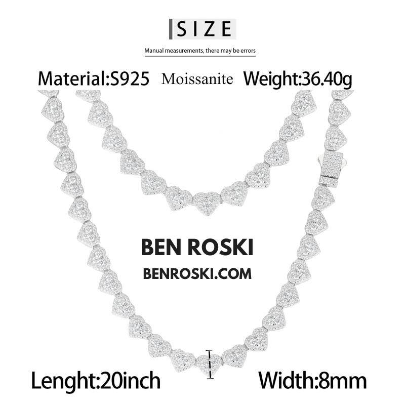 8MM Heart Moissanite Chain Sterling Silver, Gold, or Rose Gold | GRA Certified