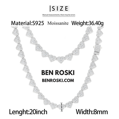 8MM Heart Moissanite Chain Sterling Silver, Gold, or Rose Gold | GRA Certified