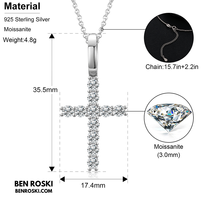 Moissanite Cross Pendant Necklace Sterling Silver or Gold / Rose Gold Plated | VVS Moissanite | GRA Certified