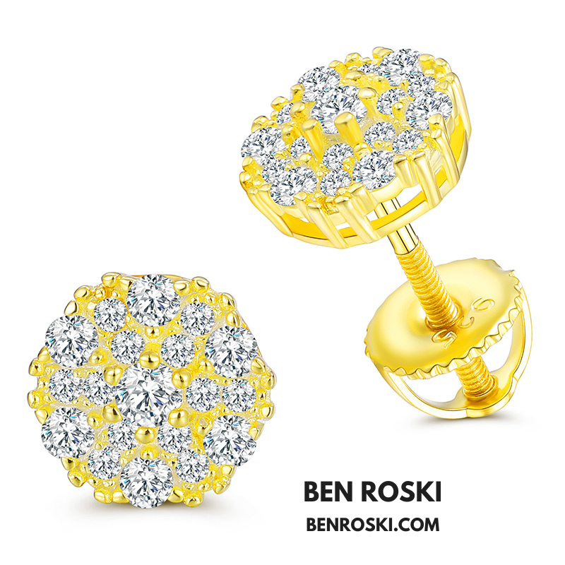Round Cluster Stud Earrings Sterling Silver, Gold & Rose Gold | VVS Moissanite | GRA Certified