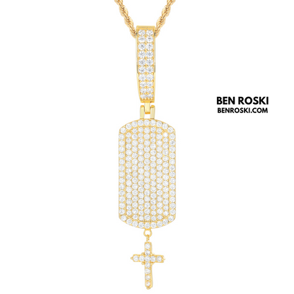 Iced Dog Tag Pendant with Cross Sterling Silver, Gold, or Rose Gold | VVS Moissanite | GRA Certified