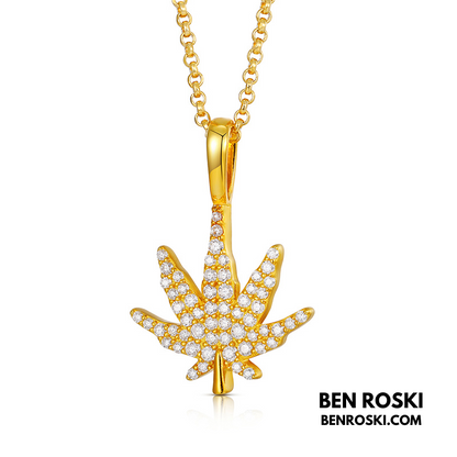 Cannabis Leaf Pendant Sterling Silver or Gold / Rose Gold Plated | VVS Moissanite | GRA Certified