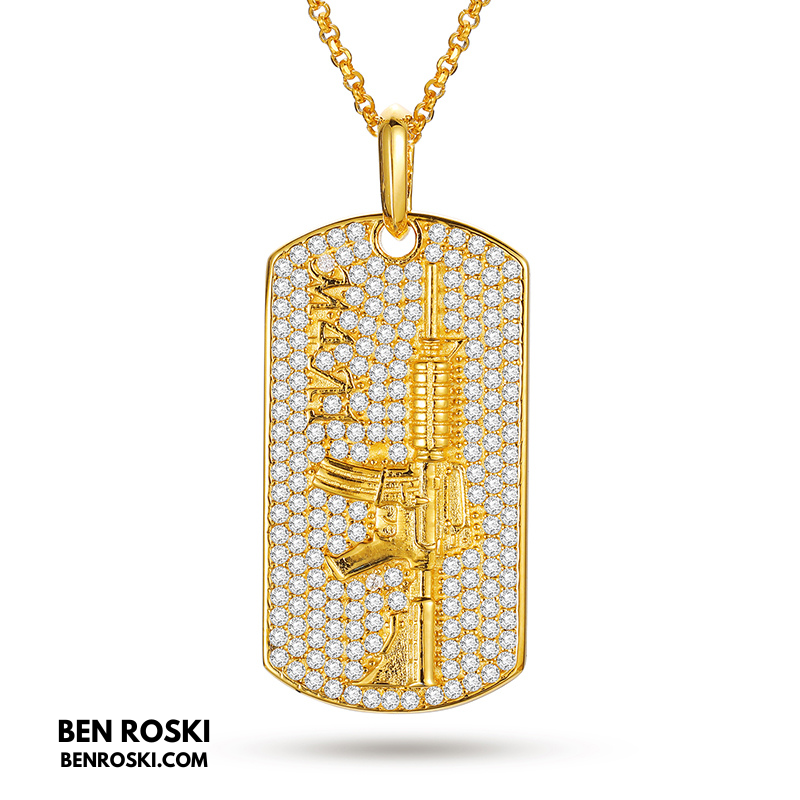 M4 Rifle Dog Tag Pendant Sterling Silver or Gold & Rose Gold Plated | VVS Moissanite | GRA Certified