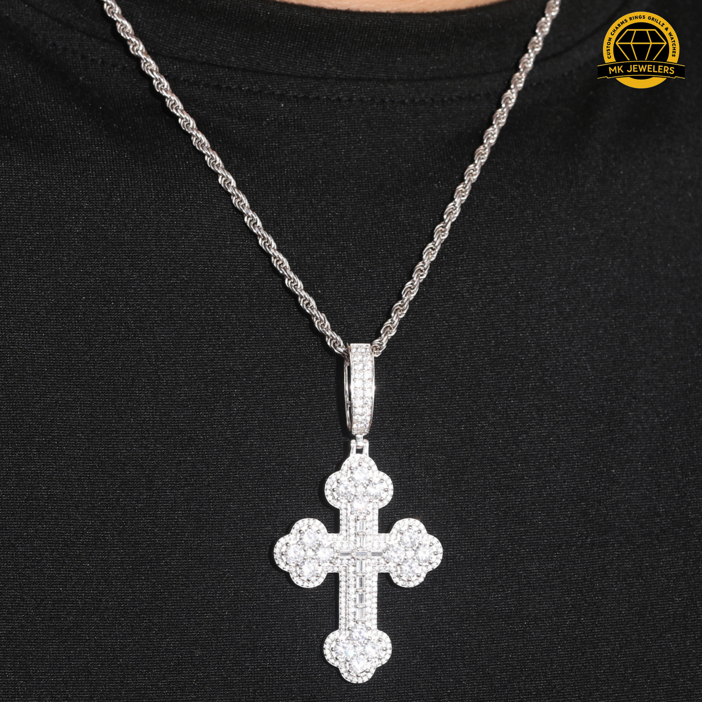 Moissanite Round Cluster Cross Pendant – 65MM | 15.2g | S925 Silver, Gold, or Rose Gold | VVS Moissanite | GRA Certified