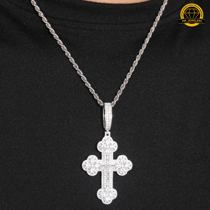 Moissanite Round Cluster Cross Pendant – 65MM | 15.2g | S925 Silver, Gold, or Rose Gold | VVS Moissanite | GRA Certified