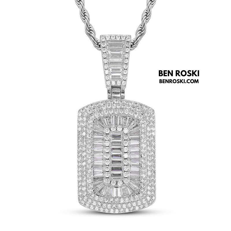 Baguette Cluster Dog Tag Pendant Sterling Silver, Gold & Rose Gold | VVS Moissanite | GRA Certified