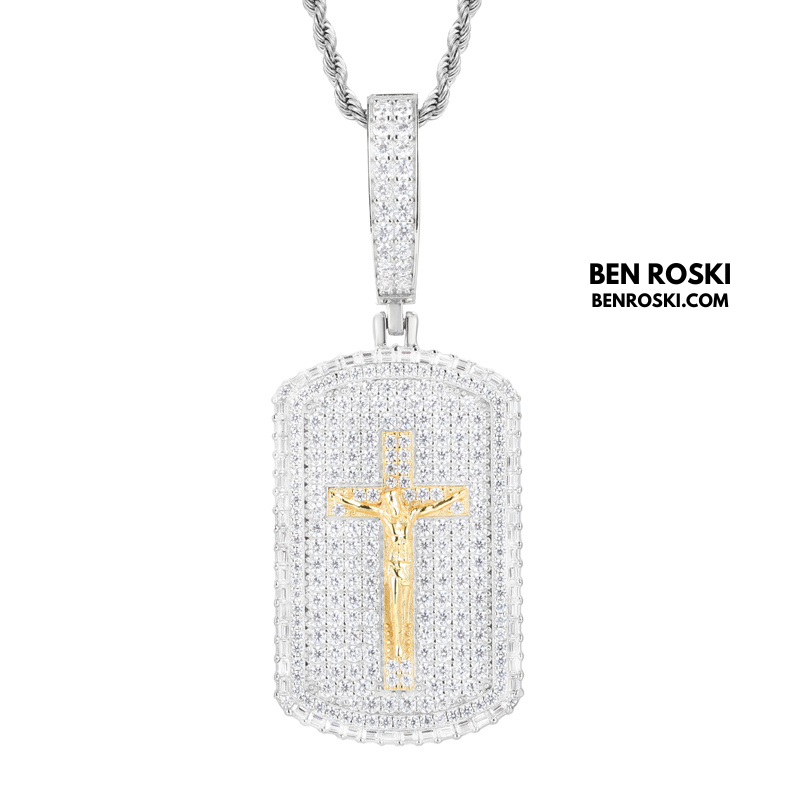 Crucifix Dog Tag Pendant Sterling Silver, Gold & Rose Gold | VVS Moissanite | GRA Certified