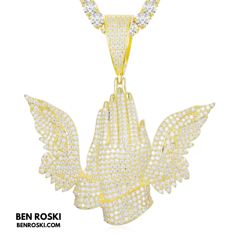 Praying Hands with Wings Pendant Sterling Silver, Gold, or Rose Gold | VVS Moissanite | GRA Certified