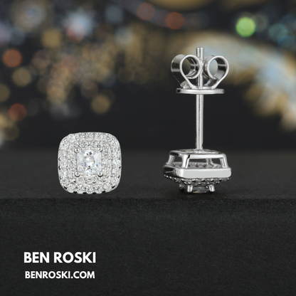 Cushion Halo Stud Earrings Sterling Silver, Gold, or Rose Gold | VVS Moissanite | GRA Certified