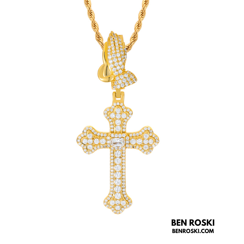 Moissanite Cross Pendant with Praying Hands Bail Sterling Silver, Gold, or Rose Gold | VVS Moissanite | GRA Certified
