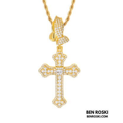 Moissanite Cross Pendant with Praying Hands Bail Sterling Silver, Gold, or Rose Gold | VVS Moissanite | GRA Certified