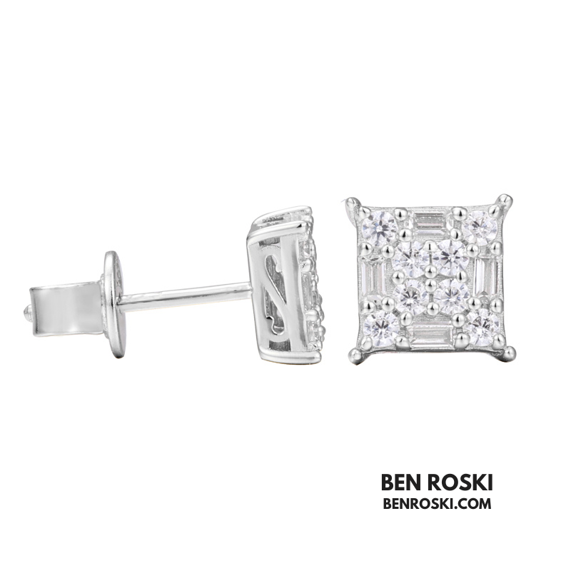 Square Cluster Stud Earrings Sterling Silver or Gold/Rose Gold Plated | VVS Moissanite | GRA Certified