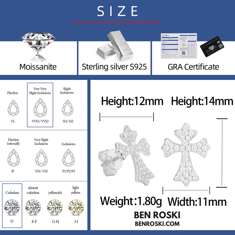 Cross Moissanite Stud Earrings Sterling Silver, Gold & Rose Gold | VVS Moissanite | GRA Certified