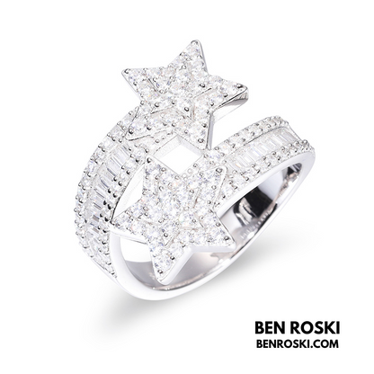 Double Star Moissanite Ring Sterling Silver, Gold & Rose Gold | VVS Moissanite | GRA Certified