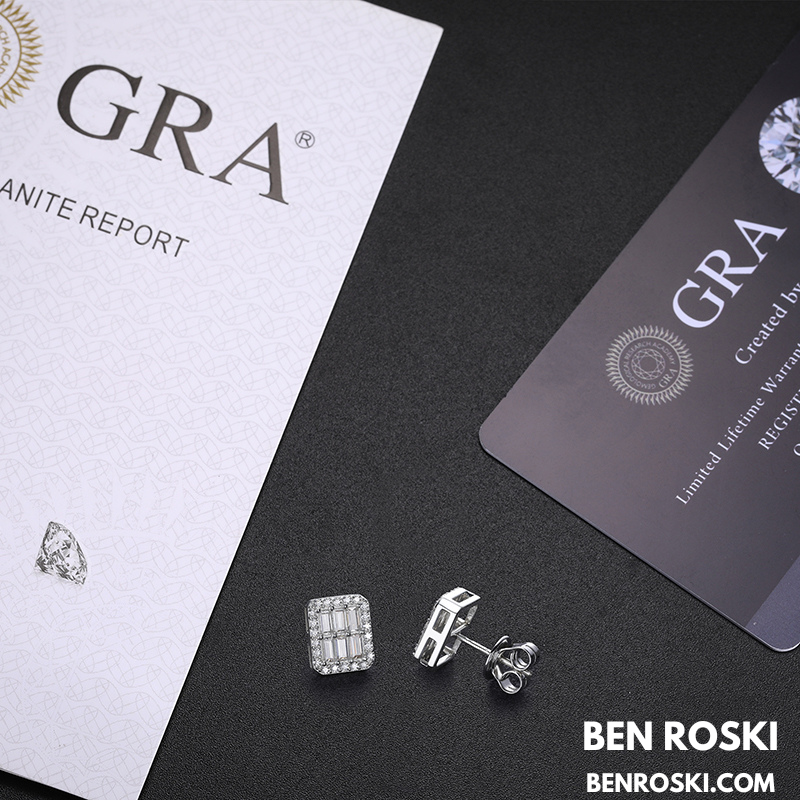 Rectangle Baguette Moissanite Stud Earrings Sterling Silver, Gold & Rose Gold | VVS Moissanite | GRA Certified