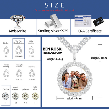 Custom Moissanite Photo Pendant Sterling Silver or Gold/Rose Gold Plated | VVS Moissanite | GRA Certified