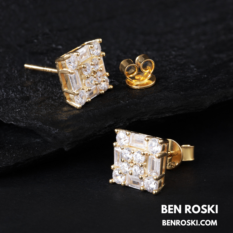 Square Cluster Stud Earrings Sterling Silver, Gold, or Rose Gold | VVS Moissanite | GRA Certified