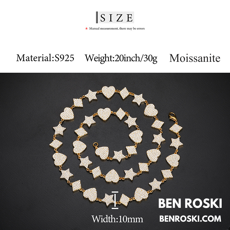 Heart, Star & Diamond Link Moissanite Necklace Sterling Silver, Gold & Rose Gold Options | GRA Certified