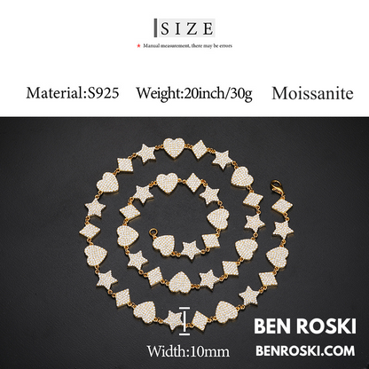 Heart, Star & Diamond Link Moissanite Necklace Sterling Silver, Gold & Rose Gold Options | GRA Certified