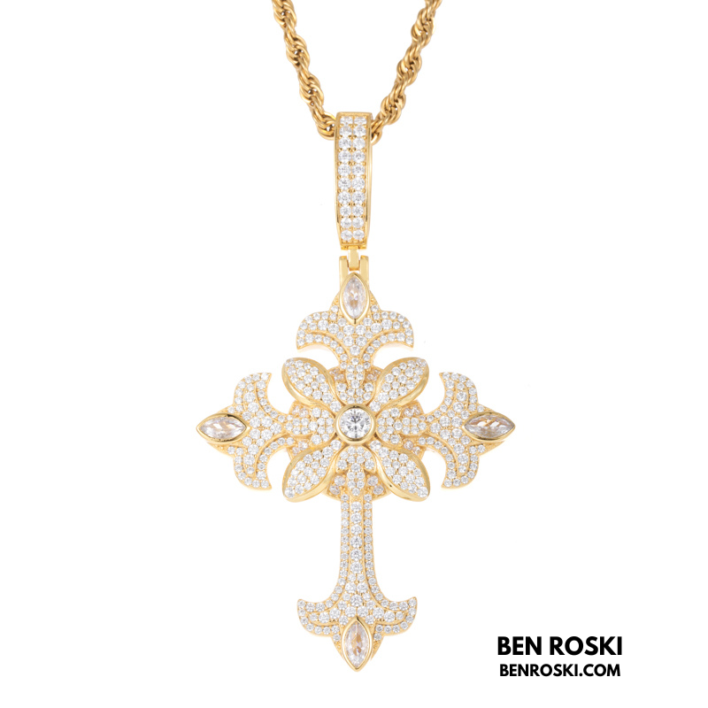 Floral Cross Pendant Sterling Silver, Gold & Rose Gold | VVS Moissanite | GRA Certified