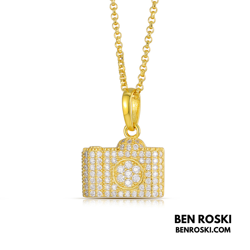 Camera Pendant Necklace Sterling Silver or Gold / Rose Gold Plated | VVS Moissanite | GRA Certified