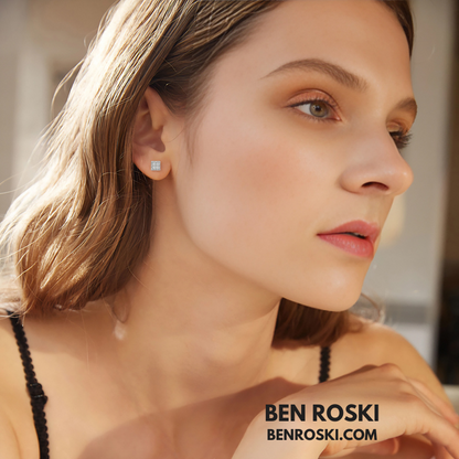 Square Cluster Stud Earrings Sterling Silver, Gold or Rose Gold Plated | 5A Moissanite Stones