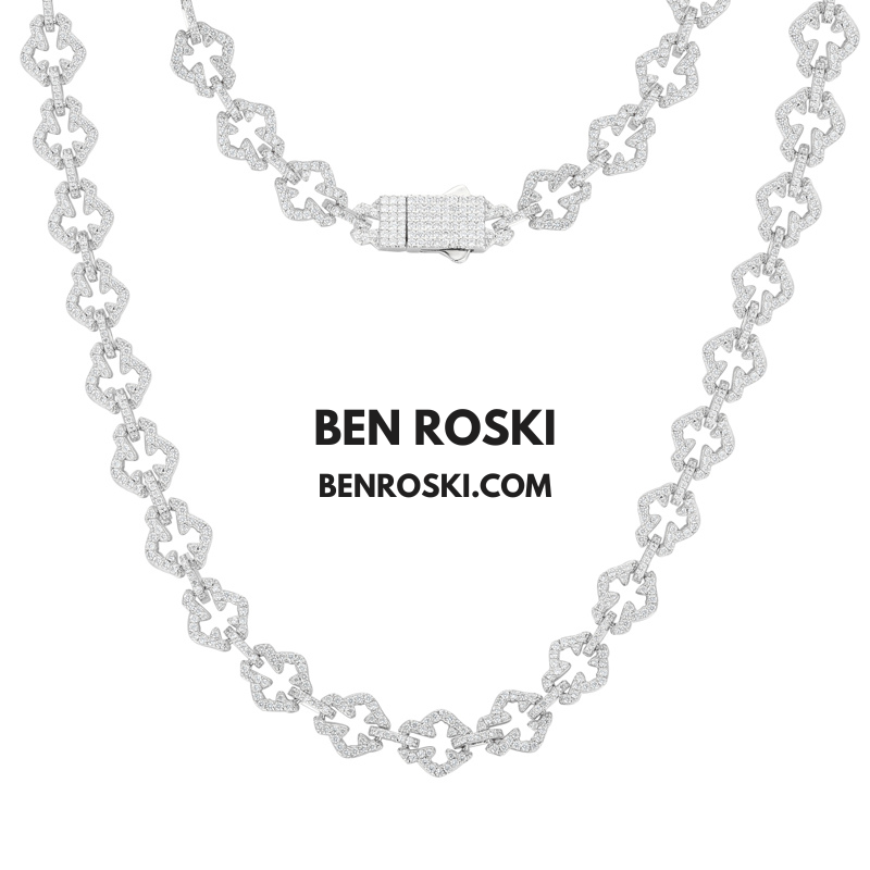 Iced-Out Clover Link Necklace Sterling Silver, Gold & Rose Gold | VVS Moissanite | GRA Certified