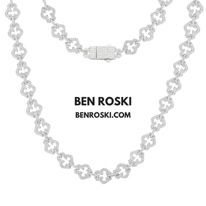 Iced-Out Clover Link Necklace Sterling Silver, Gold & Rose Gold | VVS Moissanite | GRA Certified