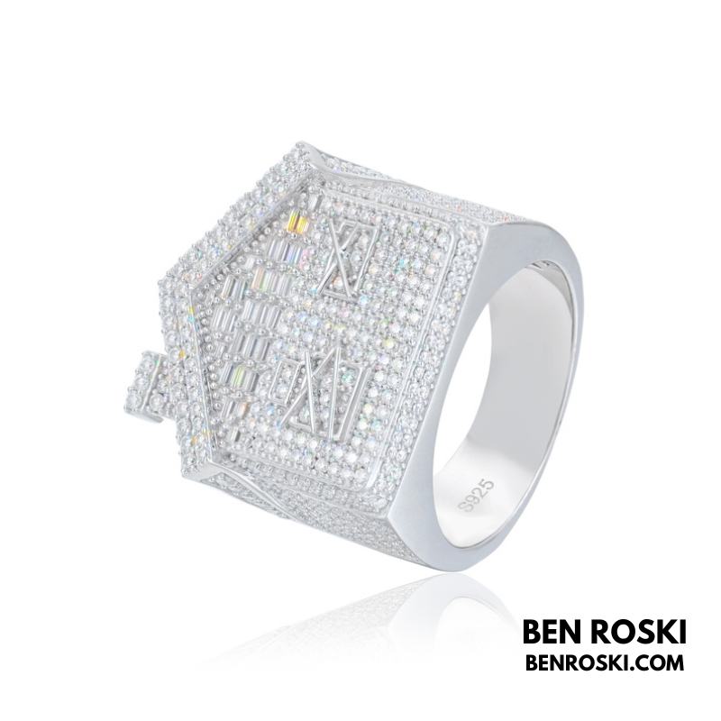 Iced-Out Roman Numeral Mansion Ring Sterling Silver or Gold/Rose Gold Plated | VVS Moissanite | GRA Certified