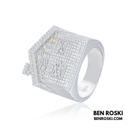 Iced-Out Roman Numeral Mansion Ring Sterling Silver or Gold/Rose Gold Plated | VVS Moissanite | GRA Certified