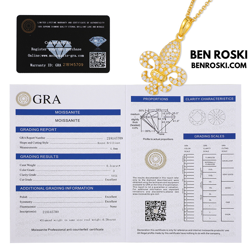 Fleur-de-Lis Moissanite Pendant Sterling Silver or Gold/Rose Gold Plated | VVS Moissanite | GRA Certified
