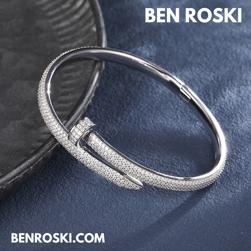 Nail Moissanite Bangle Sterling Silver, Gold Plated & Rose Gold Plated over 925 Silver | GRA Certified