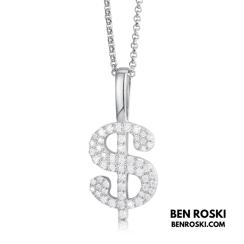 Dollar Sign Pendant Sterling Silver, Gold / Rose Gold Plated | VVS Moissanite | GRA Certified