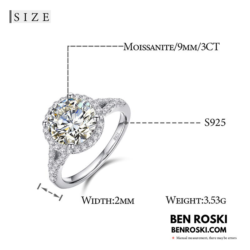 3CT Moissanite Halo Engagement Ring Sterling Silver, Gold & Rose Gold | GRA Certified