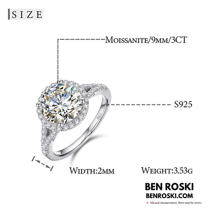 3CT Moissanite Halo Engagement Ring Sterling Silver, Gold & Rose Gold | GRA Certified