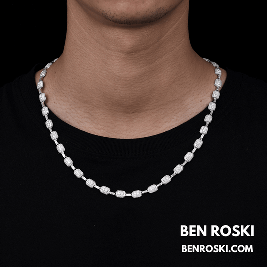 7MM Moissanite Cushion Link Chain Necklace – 22 Inch Sterling Silver, Gold, or Rose Gold | VVS D Color Stones | GRA Certified