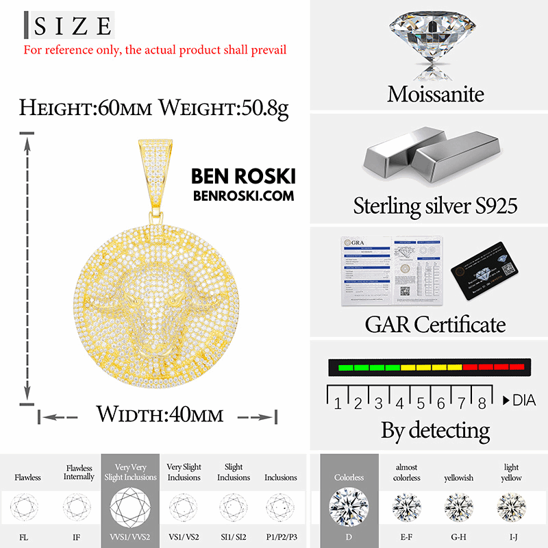 Bull Head Moissanite Pendant – 60MM Height | VVS1 Moissanite | GRA Certified